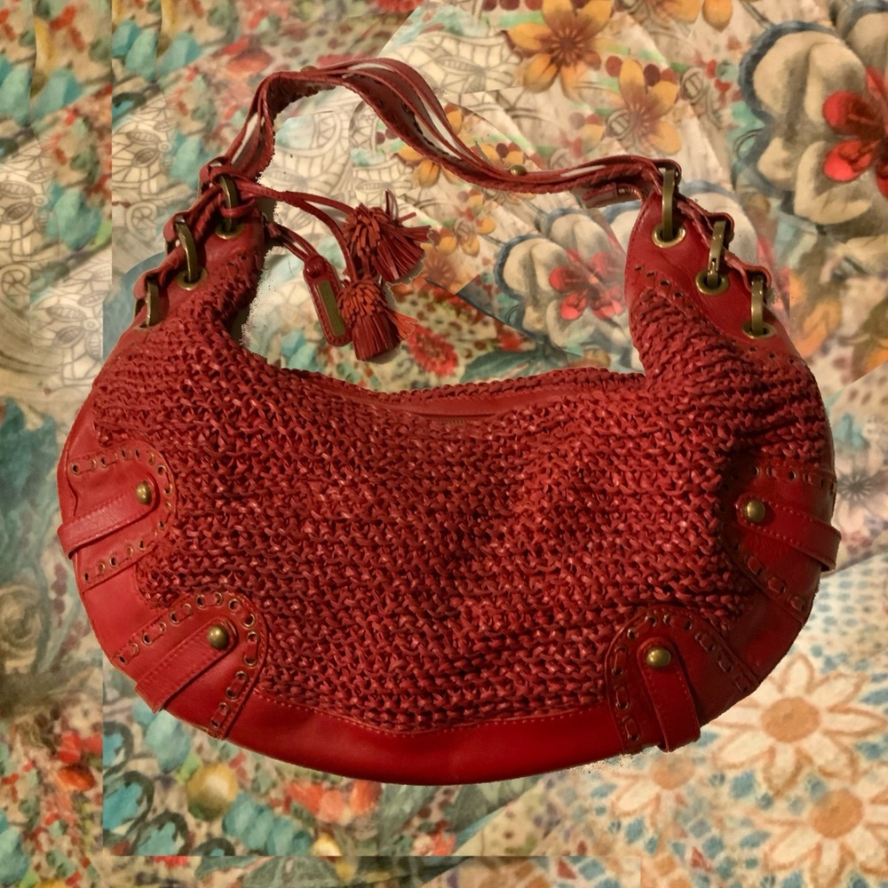 Red Leather Isabella Fiore Woven Mesh Shoulder Hobo Bag Large Boho